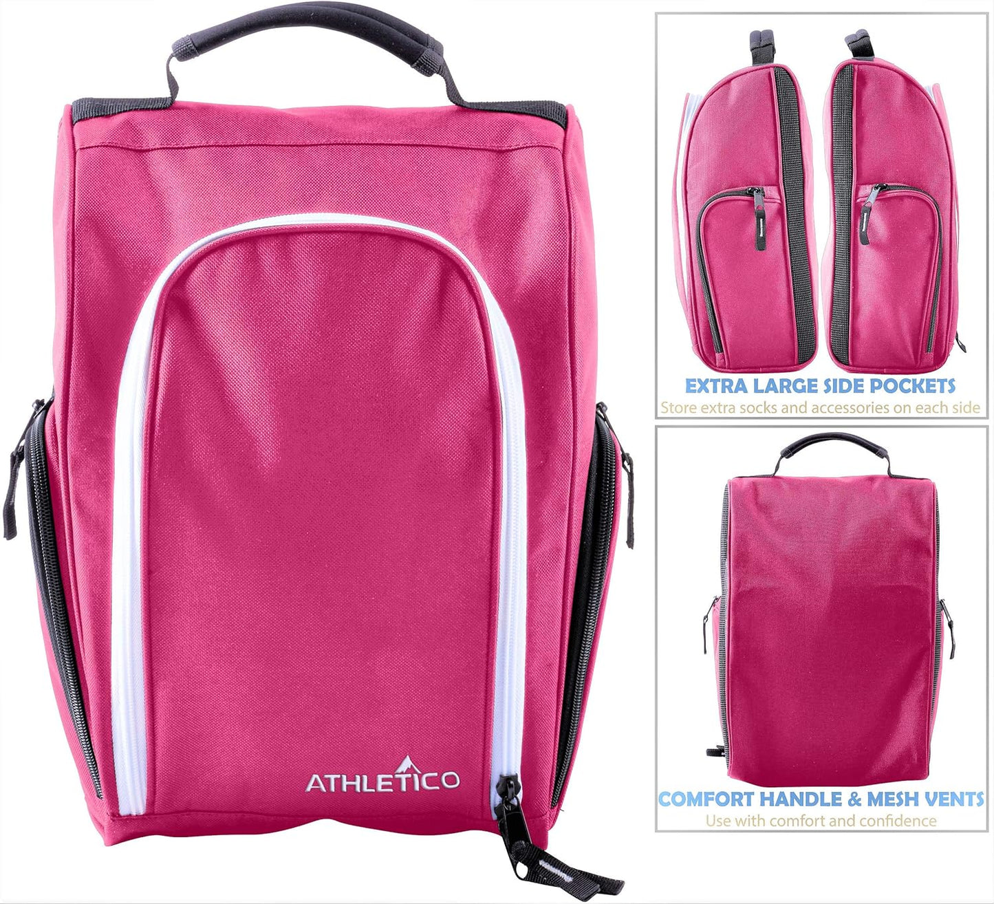 Golf Shoe Bag - Zippered Shoe Carrier Bags with Ventilation & outside Pocket for Socks, Tees, Etc. (Pink)