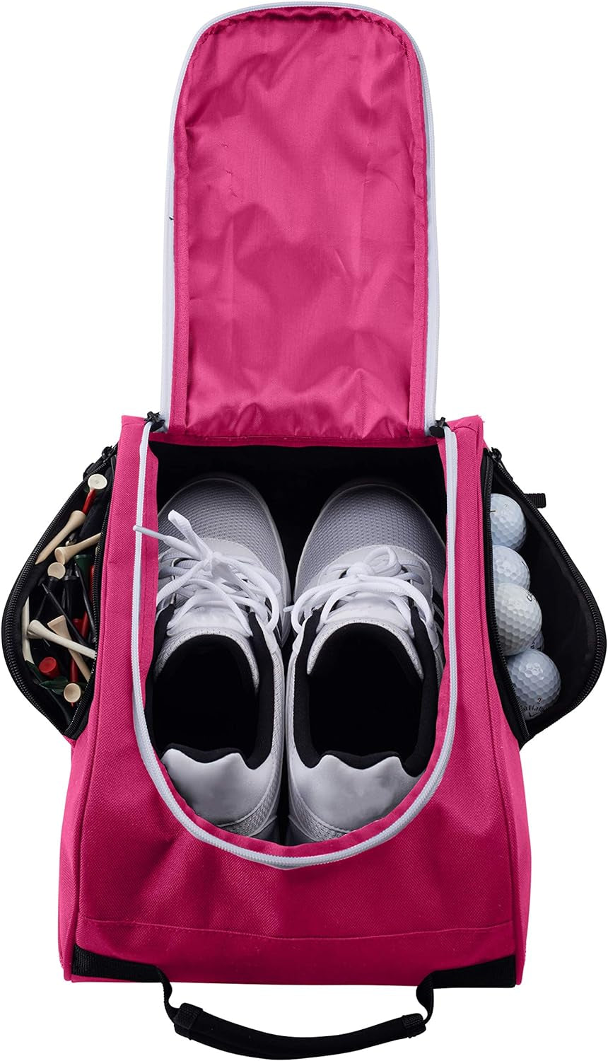 Golf Shoe Bag - Zippered Shoe Carrier Bags with Ventilation & outside Pocket for Socks, Tees, Etc. (Pink)