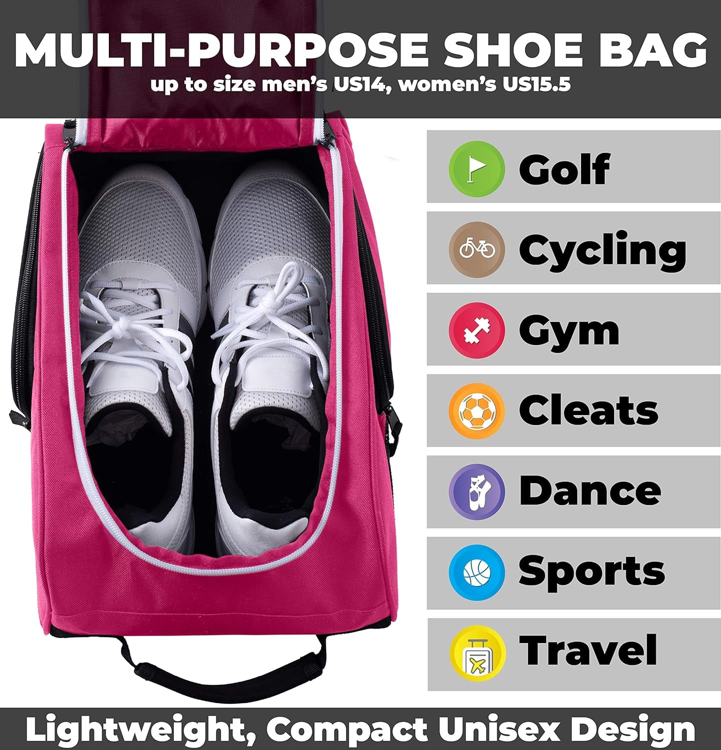 Golf Shoe Bag - Zippered Shoe Carrier Bags with Ventilation & outside Pocket for Socks, Tees, Etc. (Pink)