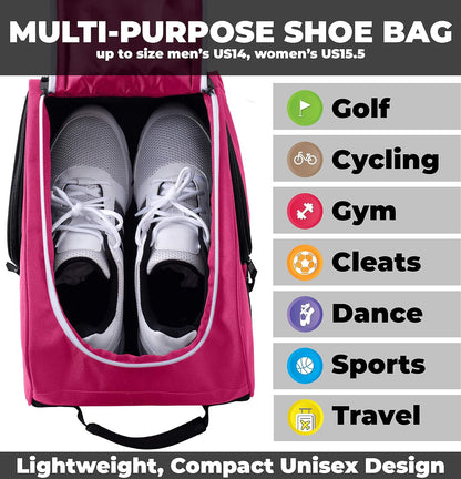 Golf Shoe Bag - Zippered Shoe Carrier Bags with Ventilation & outside Pocket for Socks, Tees, Etc. (Pink)