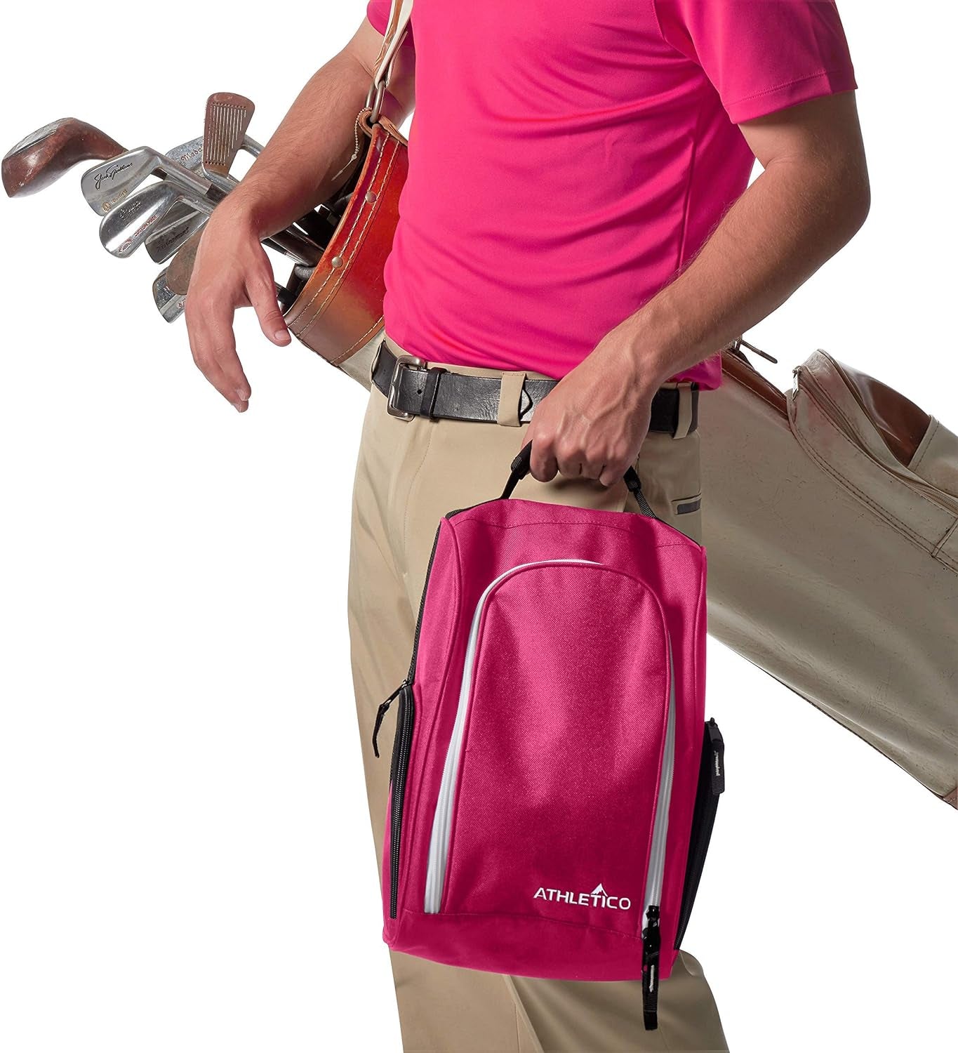 Golf Shoe Bag - Zippered Shoe Carrier Bags with Ventilation & outside Pocket for Socks, Tees, Etc. (Pink)