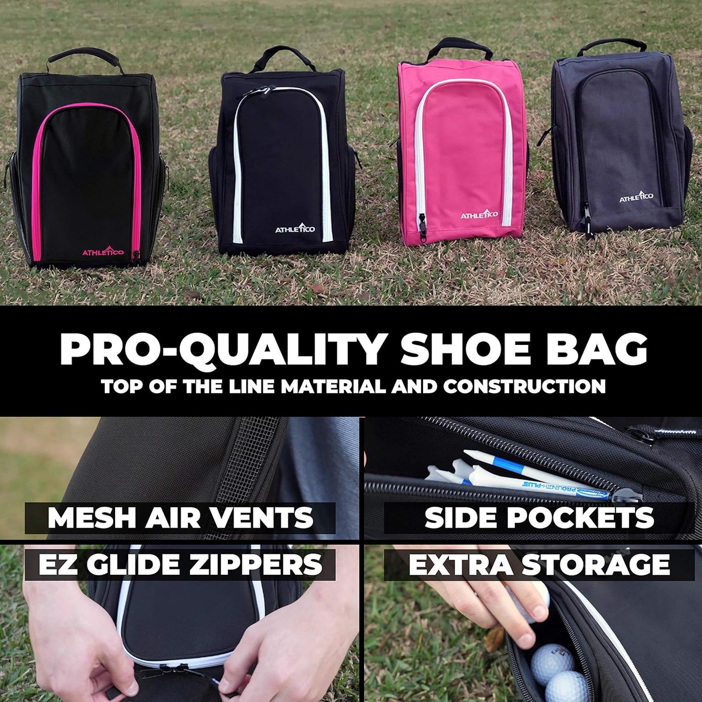 Golf Shoe Bag - Zippered Shoe Carrier Bags with Ventilation & outside Pocket for Socks, Tees, Etc. (Pink)
