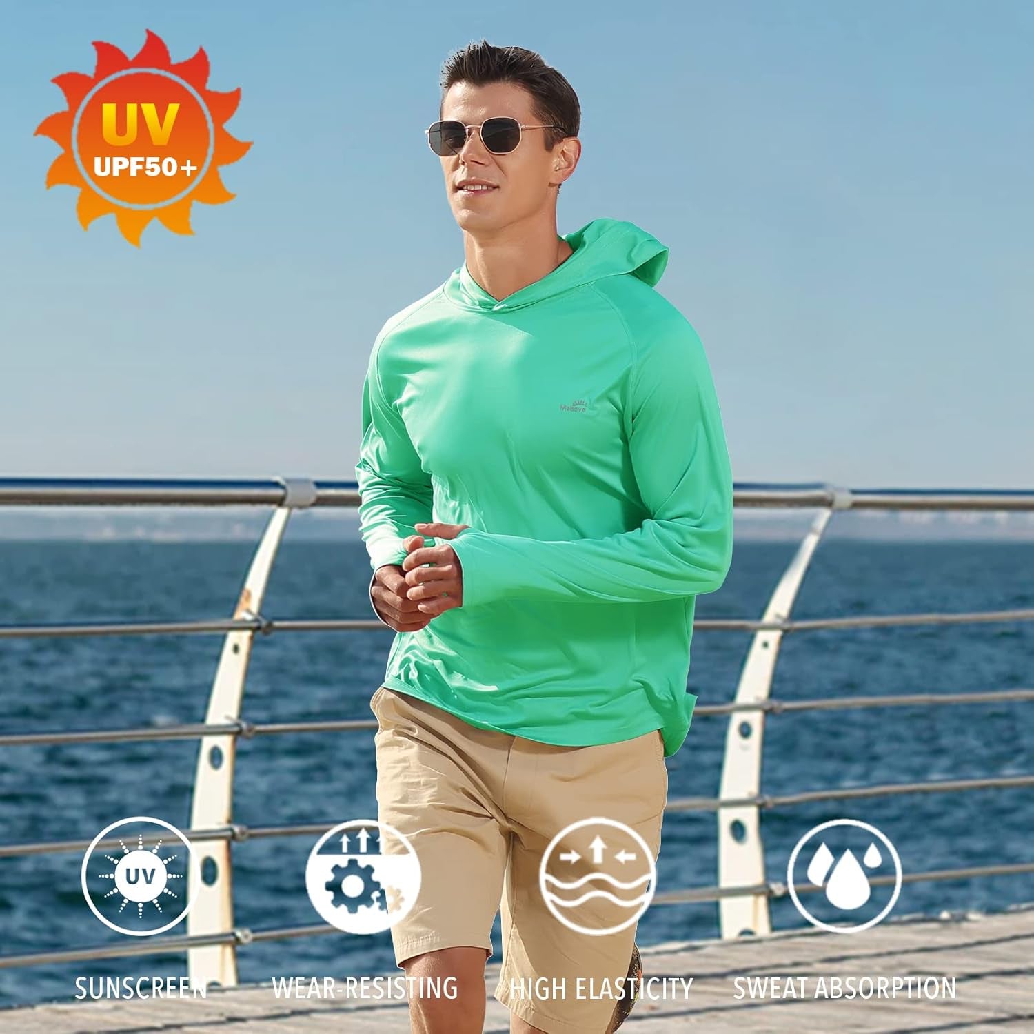 Men's UPF 50+ Long Sleeve Sun Protection Hoodie - UV Resistant Rash Guard for Hiking, Fishing, and Swimming